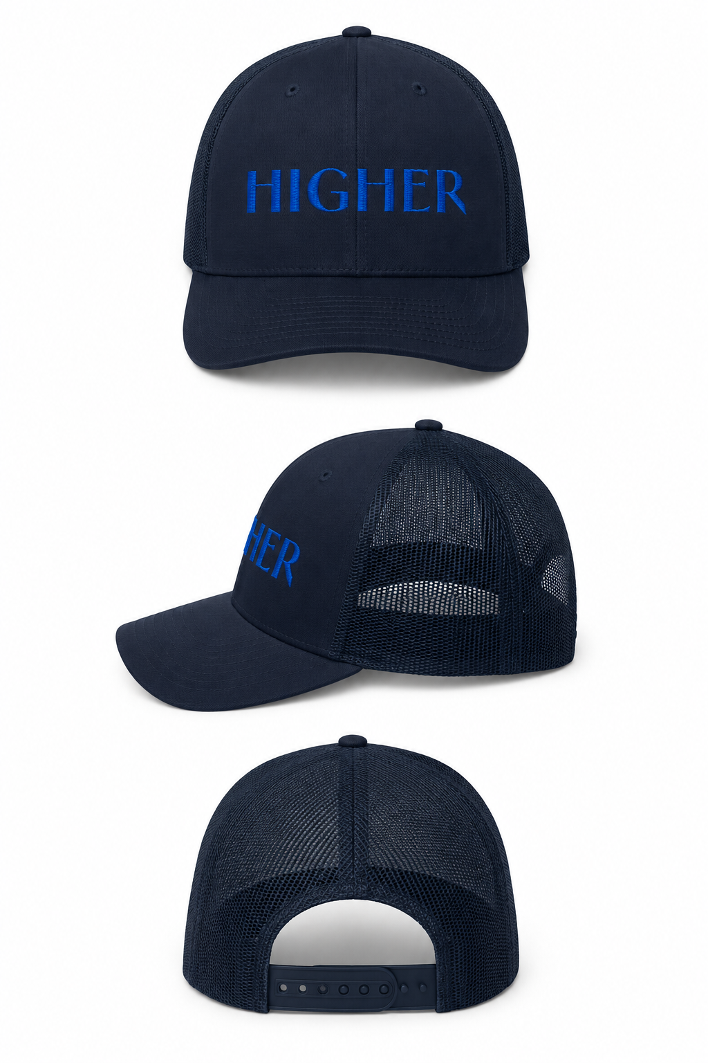 HIGHER • Embroidered Retro Trucker Hat | Adjustable Snapback